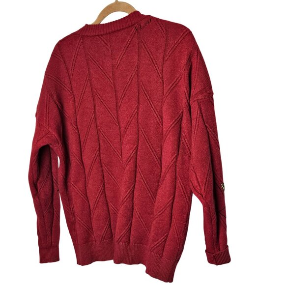 Colorful Embroidered Patchwork Red Cardigan‎ Sweater Button Front Pockets Size M - Picture 2 of 9